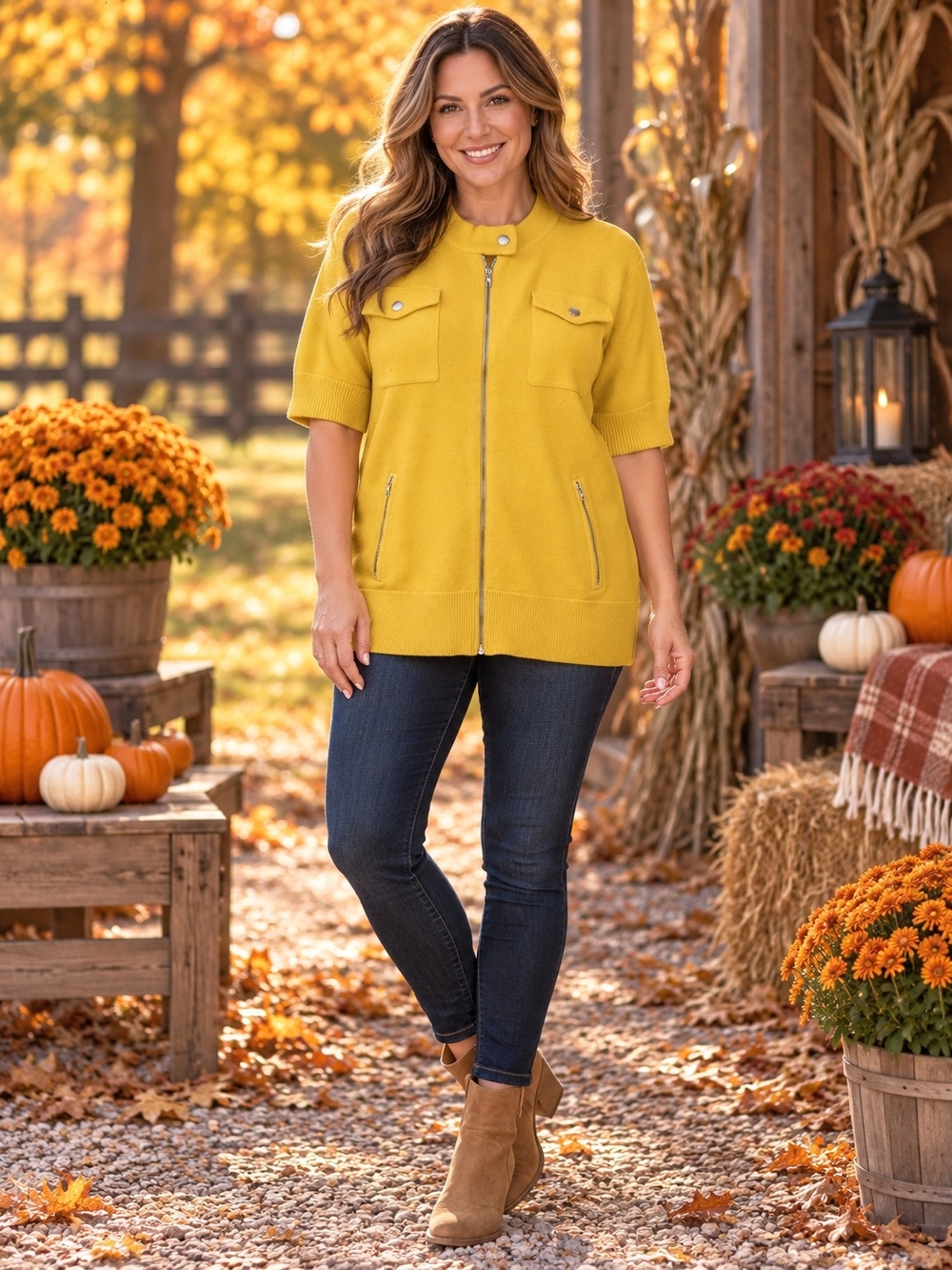 Ralph Lauren Short-Sleeve Zip Front Jacket in Mustard Yellow